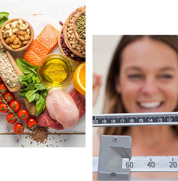 A variety of healthy foods including fish, nuts, and vegetables.