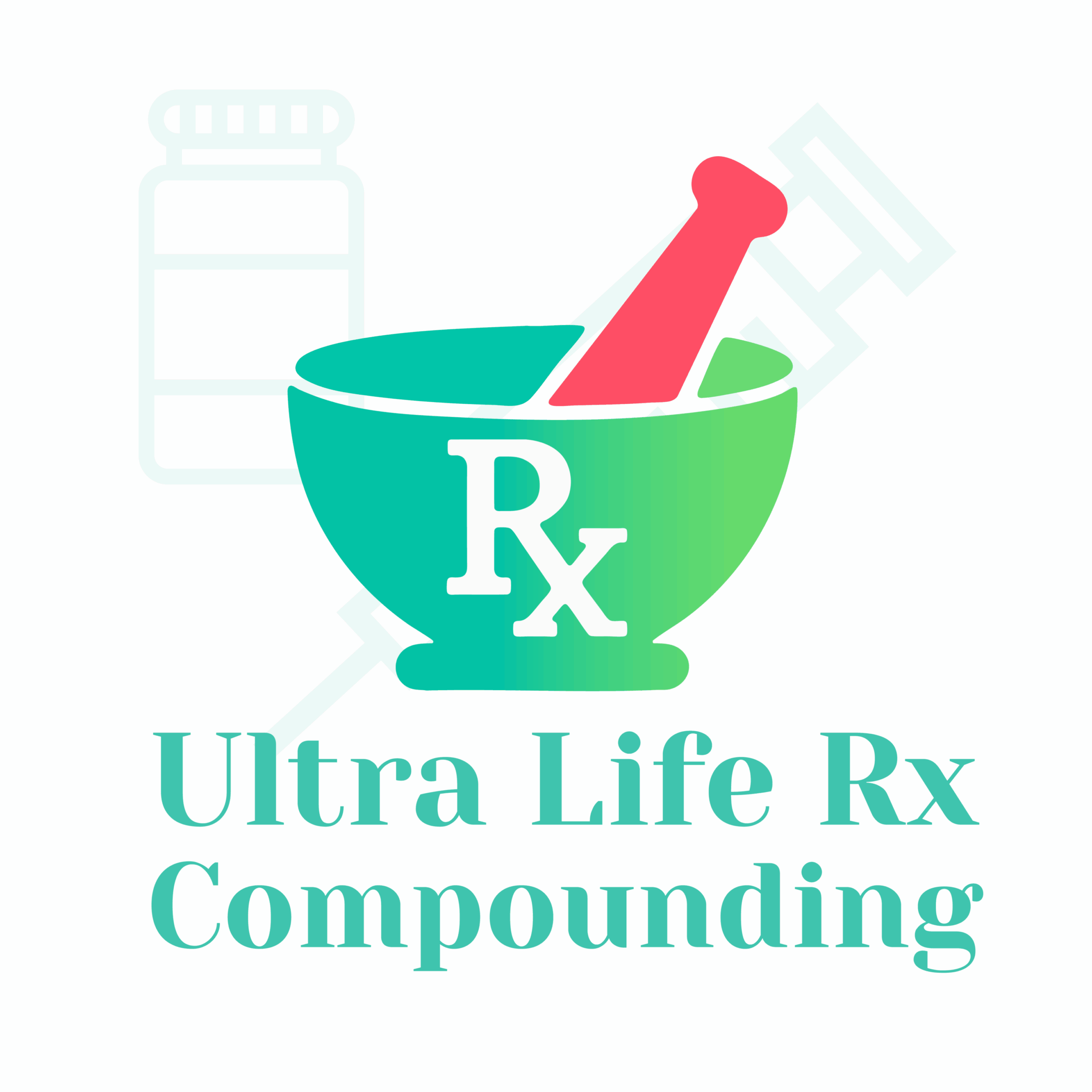 Logo of a pharmacy with Rx symbol and a mortar and pestle.